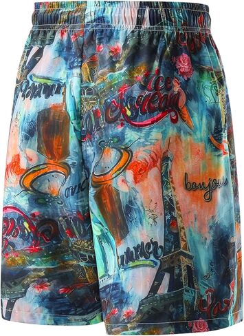Men's Casual Shorts - Breathable Athletic Fit Short Pants with Vintage Paris City Graphic Print and Drawstring - Orange in Saudi Arabia