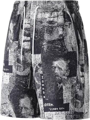 Men's Casual Shorts - Breathable Athletic Fit Short Pants with Vintage Portrait Graphic Print and Drawstring - Black in Saudi Arabia