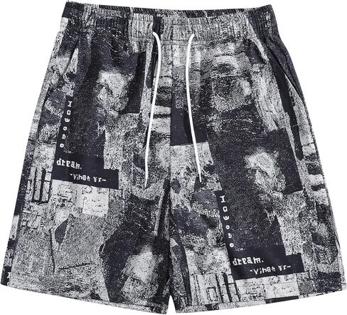 Men's Casual Shorts - Breathable Athletic Fit Short Pants with Vintage Portrait Graphic Print and Drawstring - Black in Saudi Arabia