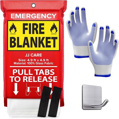JJ CARE Fire Blanket – (Large) 4.9x4.9ft with Hooks & Gloves, Emergency Fire Blanket for Home & Kitchen, High Heat Resistant Fire Suppression Blankets for Home Safety, Kitchen, Camping in Saudi Arabia
