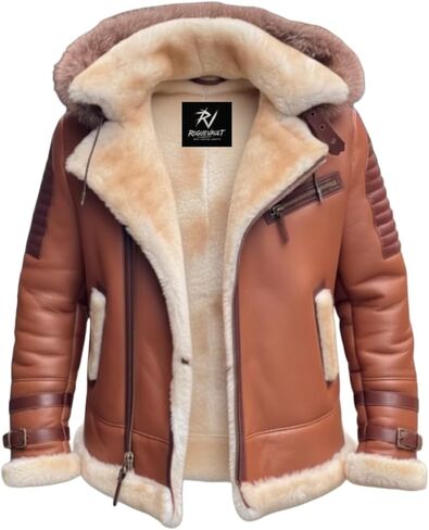 Men's Real Sheepskin B3 Bomber Jacket with Hood | Genuine Leather Aviator Coat | Shearling Fur Lined Winter Jacket in Saudi Arabia