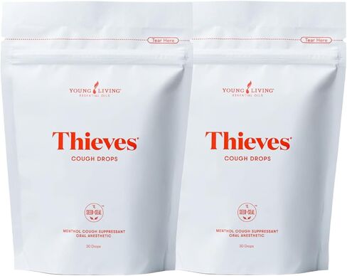 Thieves Cough Drops 30 Ct ( 2 packages ) Essential Oil Infused by Young Living Essential Oil - Drops Relieve Coughs, Soothe Sore Throat - Thieves Blend and Menthol in Saudi Arabia