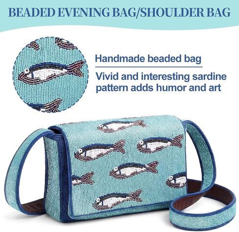 Handmade Beaded Shoulder Bag for Women, 5 x 8 x 1.75 Inch Sardine Pattern Beaded Cross Body Purse with 9.5 Inch Strap Boho Style Bamboo Trading Shoulder Bag for Evening Parties in Saudi Arabia