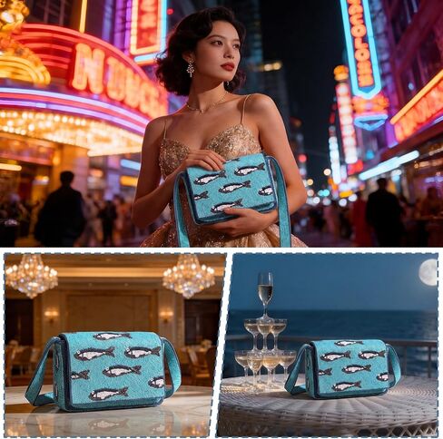 Handmade Beaded Shoulder Bag for Women, 5 x 8 x 1.75 Inch Sardine Pattern Beaded Cross Body Purse with 9.5 Inch Strap Boho Style Bamboo Trading Shoulder Bag for Evening Parties in Saudi Arabia