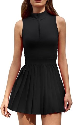 QINSEN Womens Zip Front Tennis Dress High Neck Pleated Sleeveless Two Pieces Golf Athletic Dress with Pockets in Saudi Arabia