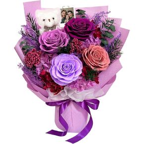 باقة زهور محفوظة مع مشبك صور ودب، آخر 1-3 سنوات، 4 ورود حقيقية، زهور للتسليم، عيد الحب، عيد الأم، الذكرى السنوية، هدايا عيد ميلاد للجدة والأم والزوجة والابنة، أرجواني in Kuwait