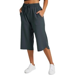 سروال كابري برباط للنساء، كاجوال واسع الساق، يوغا، عالي الخصر، جيوب، بنطال رياضي ناعم وفضفاض in Kuwait