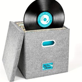 2-Pack Vinyl Record Storage Box, 13 x 13 x13 Inches Vinyl Crate Album Organizer with Lid, Decorative LP Record Moving Boxes Holds up to Single 100 Records Collection, Foldable & Stackable File Box in Kuwait