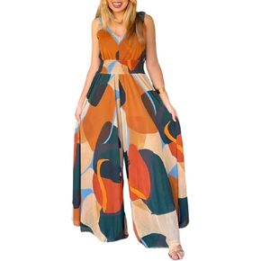 CHICME Women’s Abstract Print V Neck Jumpsuit Wide Leg High Cinched Waist Backless Sleeveless Chic Vacation Beach Romper in Saudi Arabia