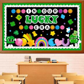 St. Patrick's Day Bulletin Board Decoration Set, March Lucky Era Classroom Decorations Lucky Charms Shamrock Rainbow Clover Cutouts Irish Holiday Library School Home Window Wall Door Decor for Teacher in Kuwait