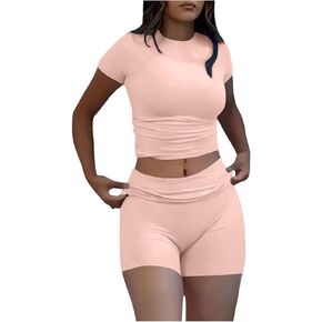 Womens 2 Piece Lounge Set Casual Summer Workout Set Comfy Soft Pajamas Set Short Sleeve Crop Top Shorts Matching Set in Saudi Arabia