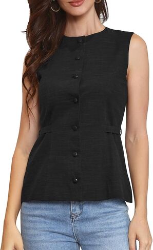 Allegra K Vest Tops for Women Crew Neck Button Down Linen Sleeveless Waist Belt Business Casual Office Waistcoat in Saudi Arabia