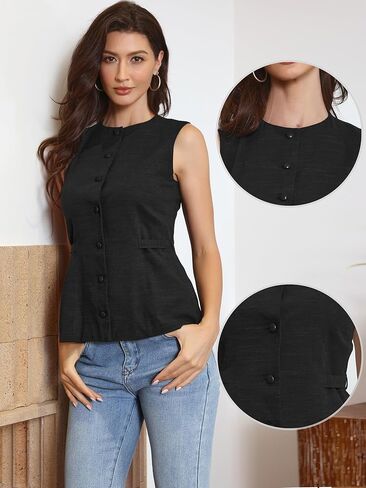 Allegra K Vest Tops for Women Crew Neck Button Down Linen Sleeveless Waist Belt Business Casual Office Waistcoat in Saudi Arabia
