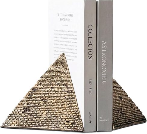 Egyptian Pyramid Book Ends for Shelves Decor, Unique Resin Stone Bookends, Heavy Duty Book Stoppers for Home Office Bookshelf Accessories, Vintage Pyramid Sculpture Decoration, Antique Gold in Saudi Arabia