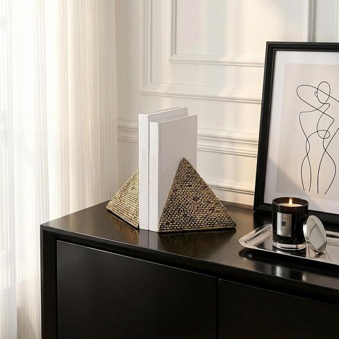 Egyptian Pyramid Book Ends for Shelves Decor, Unique Resin Stone Bookends, Heavy Duty Book Stoppers for Home Office Bookshelf Accessories, Vintage Pyramid Sculpture Decoration, Antique Gold in Saudi Arabia