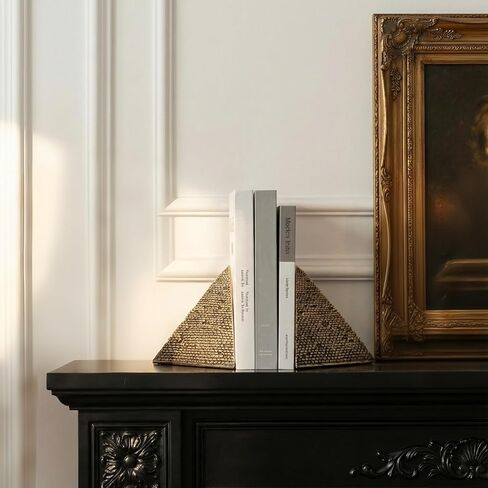 Egyptian Pyramid Book Ends for Shelves Decor, Unique Resin Stone Bookends, Heavy Duty Book Stoppers for Home Office Bookshelf Accessories, Vintage Pyramid Sculpture Decoration, Antique Gold in Saudi Arabia