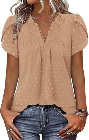 BETTE BOUTIK Womens Dressy Casual Tops Summer Short Sleeve Boho Flowy Shirts Swiss Dot V Neck Blouses in Saudi Arabia