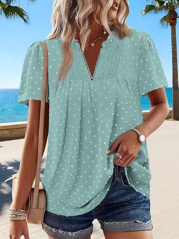 BETTE BOUTIK Womens Dressy Casual Tops Summer Short Sleeve Boho Flowy Shirts Swiss Dot V Neck Blouses in Saudi Arabia
