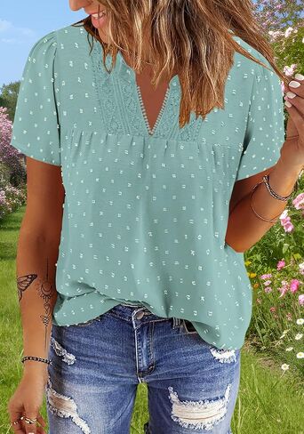 BETTE BOUTIK Womens Dressy Casual Tops Summer Short Sleeve Boho Flowy Shirts Swiss Dot V Neck Blouses in Saudi Arabia