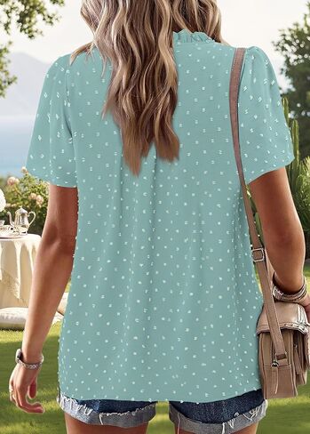 BETTE BOUTIK Womens Dressy Casual Tops Summer Short Sleeve Boho Flowy Shirts Swiss Dot V Neck Blouses in Saudi Arabia