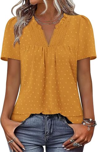BETTE BOUTIK Womens Dressy Casual Tops Summer Short Sleeve Boho Flowy Shirts Swiss Dot V Neck Blouses in Saudi Arabia