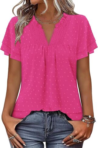 BETTE BOUTIK Womens Dressy Casual Tops Summer Short Sleeve Boho Flowy Shirts Swiss Dot V Neck Blouses in Saudi Arabia