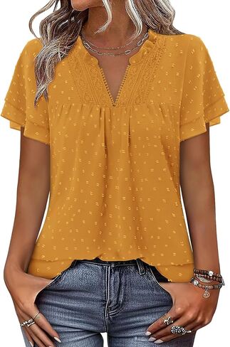 BETTE BOUTIK Womens Dressy Casual Tops Summer Short Sleeve Boho Flowy Shirts Swiss Dot V Neck Blouses in Saudi Arabia