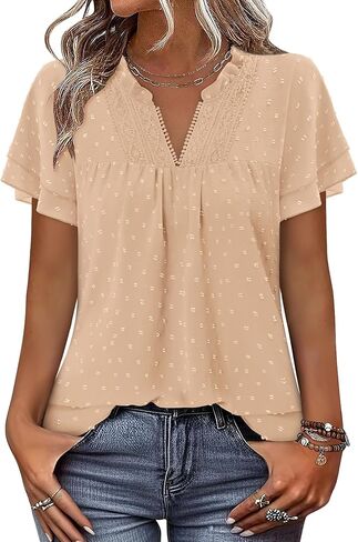 BETTE BOUTIK Womens Dressy Casual Tops Summer Short Sleeve Boho Flowy Shirts Swiss Dot V Neck Blouses in Saudi Arabia