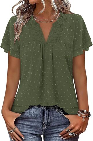 BETTE BOUTIK Womens Dressy Casual Tops Summer Short Sleeve Boho Flowy Shirts Swiss Dot V Neck Blouses in Saudi Arabia