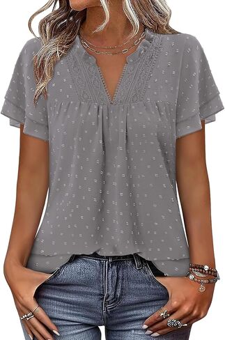 BETTE BOUTIK Womens Dressy Casual Tops Summer Short Sleeve Boho Flowy Shirts Swiss Dot V Neck Blouses in Saudi Arabia