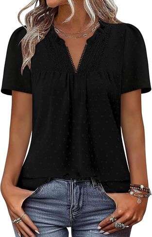 BETTE BOUTIK Womens Dressy Casual Tops Summer Short Sleeve Boho Flowy Shirts Swiss Dot V Neck Blouses in Saudi Arabia