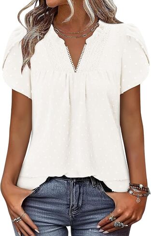 BETTE BOUTIK Womens Dressy Casual Tops Summer Short Sleeve Boho Flowy Shirts Swiss Dot V Neck Blouses in Saudi Arabia