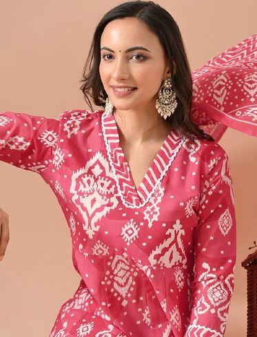 بنطلون كورتا مستقيم مطبوع عليه زهور رايون أناركالي للسيدات مع مجموعة وشاح in Kuwait