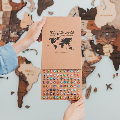 Enjoy The Wood 3D Wood World Map Wall Art Large Wood Wall Décor Housewarming Gift Idea Art World Travel Map For Home & Kitchen or Office (Flags Push Pins, Pins) in Kuwait