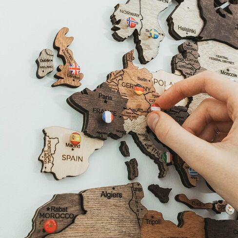 Enjoy The Wood 3D Wood World Map Wall Art Large Wood Wall Décor Housewarming Gift Idea Art World Travel Map For Home & Kitchen or Office (Flags Push Pins, Pins) in Kuwait