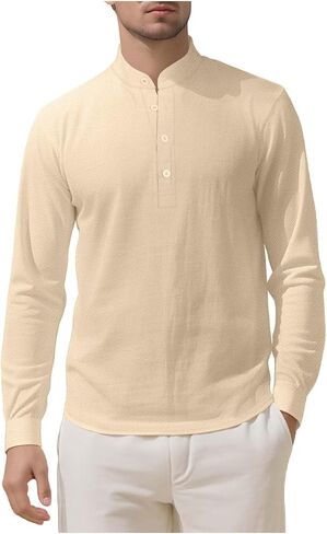 Men's Cotton Linen Lightweight Henley Shirt Long Sleeve Hippie Casual Beach Vacation Tops Sun Protection Gauze Blouse in Saudi Arabia