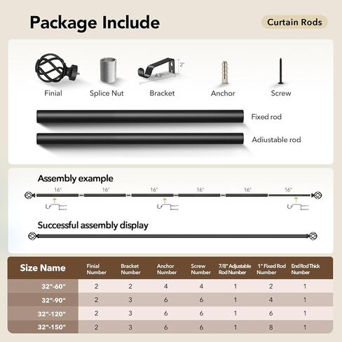 قضبان ستائر للنوافذ من 66 إلى 120، قضيب ستارة أسود طويل مزخرف قابل للتعديل مقاس 1 بوصة مع نهاية قفص ملتوي، قضبان ستائر خارجية حديثة شديدة التحمل للفناء، ربط تلسكوبي، مقاس 32 بوصة - 120 بوصة in Kuwait