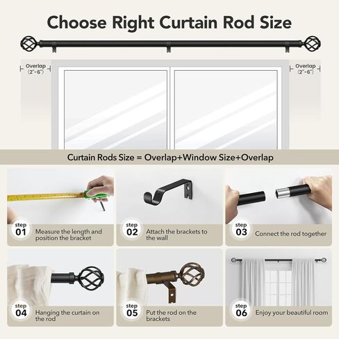 قضبان ستائر للنوافذ من 66 إلى 120، قضيب ستارة أسود طويل مزخرف قابل للتعديل مقاس 1 بوصة مع نهاية قفص ملتوي، قضبان ستائر خارجية حديثة شديدة التحمل للفناء، ربط تلسكوبي، مقاس 32 بوصة - 120 بوصة in Kuwait