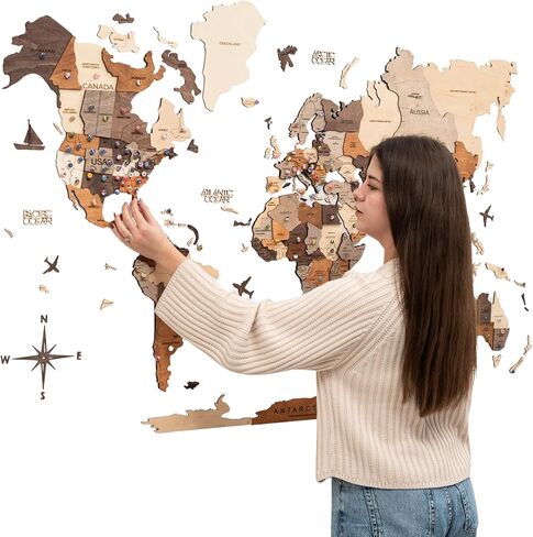 Enjoy The Wood 3D Wood World Map Wall Art Large Wood Wall Décor Housewarming Gift Idea Art World Travel Map For Home & Kitchen or Office (Flags Push Pins, Pins) in Kuwait