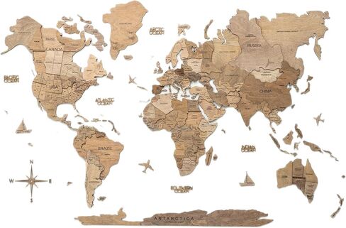Enjoy The Wood 3D Wood World Map Wall Art Large Wood Wall Décor Housewarming Gift Idea Art World Travel Map For Home & Kitchen or Office (Flags Push Pins, Pins) in Kuwait