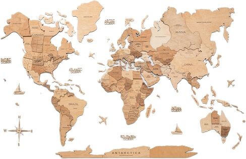 Enjoy The Wood 3D Wood World Map Wall Art Large Wood Wall Décor Housewarming Gift Idea Art World Travel Map For Home & Kitchen or Office (Flags Push Pins, Pins) in Kuwait