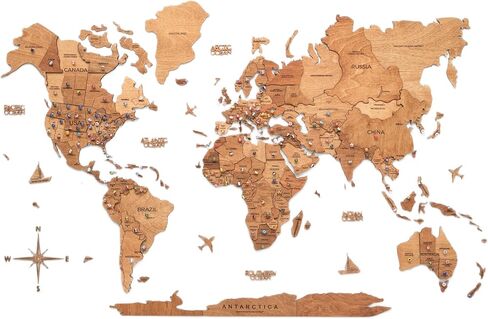 Enjoy The Wood 3D Wood World Map Wall Art Large Wood Wall Décor Housewarming Gift Idea Art World Travel Map For Home & Kitchen or Office (Flags Push Pins, Pins) in Kuwait