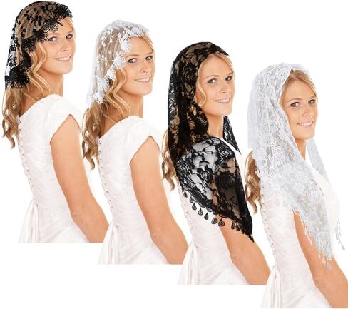 JATEBI 4 قطع من أغطية الرأس الدائرية من الدانتيل بتصميم مثلث للنساء من Mantilla اللاتينية لتغطية الرأس شال دانتيل لحفلات الزفاف وحفلات الزفاف التنكرية in Saudi Arabia