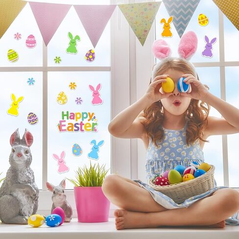 Whaline 2 Sheet Happy Easter Thick Gel Clings Colorful Bunny Rabbit Flower Egg Reusable Window Gel Decals for Spring Home Classroom Nursery Party Supplies in Saudi Arabia