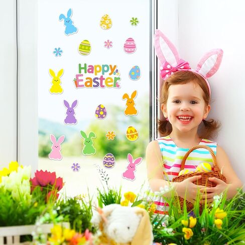 Whaline 2 Sheet Happy Easter Thick Gel Clings Colorful Bunny Rabbit Flower Egg Reusable Window Gel Decals for Spring Home Classroom Nursery Party Supplies in Saudi Arabia