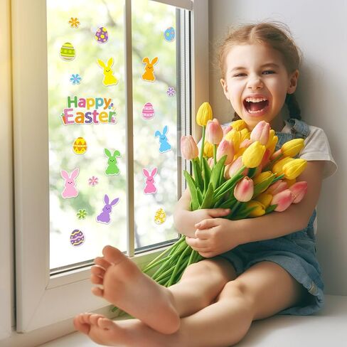 Whaline 2 Sheet Happy Easter Thick Gel Clings Colorful Bunny Rabbit Flower Egg Reusable Window Gel Decals for Spring Home Classroom Nursery Party Supplies in Saudi Arabia