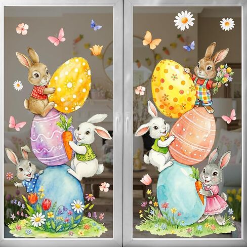 Easter Decorations Window Clings: Cute Stacked Little Bunny with Colored Eggs, Rustic Watercolor Easter Rabbits, Spring Floral Window Clings for Kids Home Office Party Gifts, 2 Sheets in Saudi Arabia