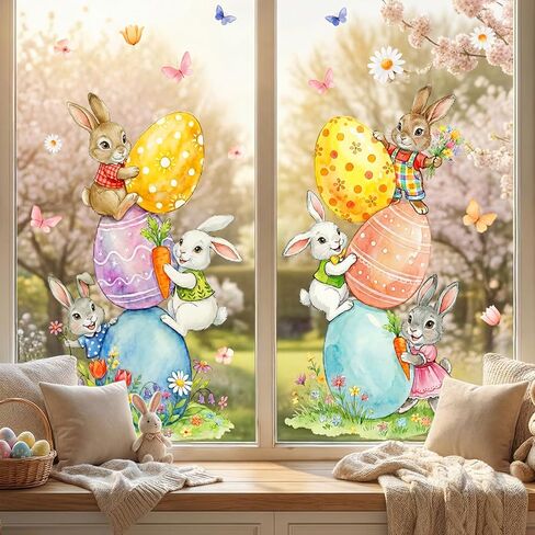 Easter Decorations Window Clings: Cute Stacked Little Bunny with Colored Eggs, Rustic Watercolor Easter Rabbits, Spring Floral Window Clings for Kids Home Office Party Gifts, 2 Sheets in Saudi Arabia