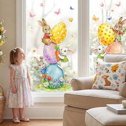 Easter Decorations Window Clings: Cute Stacked Little Bunny with Colored Eggs, Rustic Watercolor Easter Rabbits, Spring Floral Window Clings for Kids Home Office Party Gifts, 2 Sheets in Saudi Arabia