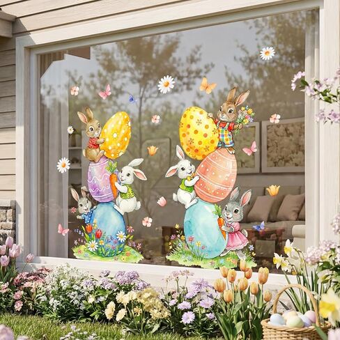Easter Decorations Window Clings: Cute Stacked Little Bunny with Colored Eggs, Rustic Watercolor Easter Rabbits, Spring Floral Window Clings for Kids Home Office Party Gifts, 2 Sheets in Saudi Arabia